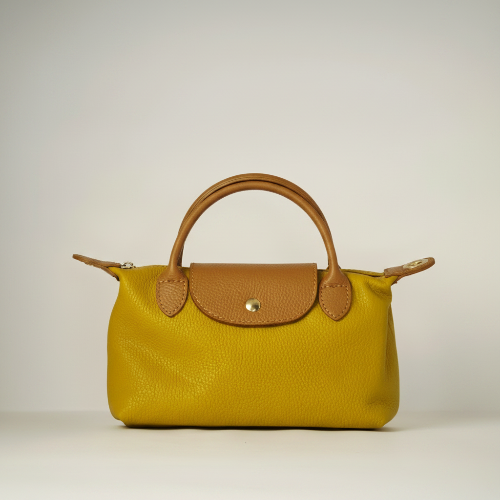 Bolso de mano de cuero amarillo mostaza con detalles marrones