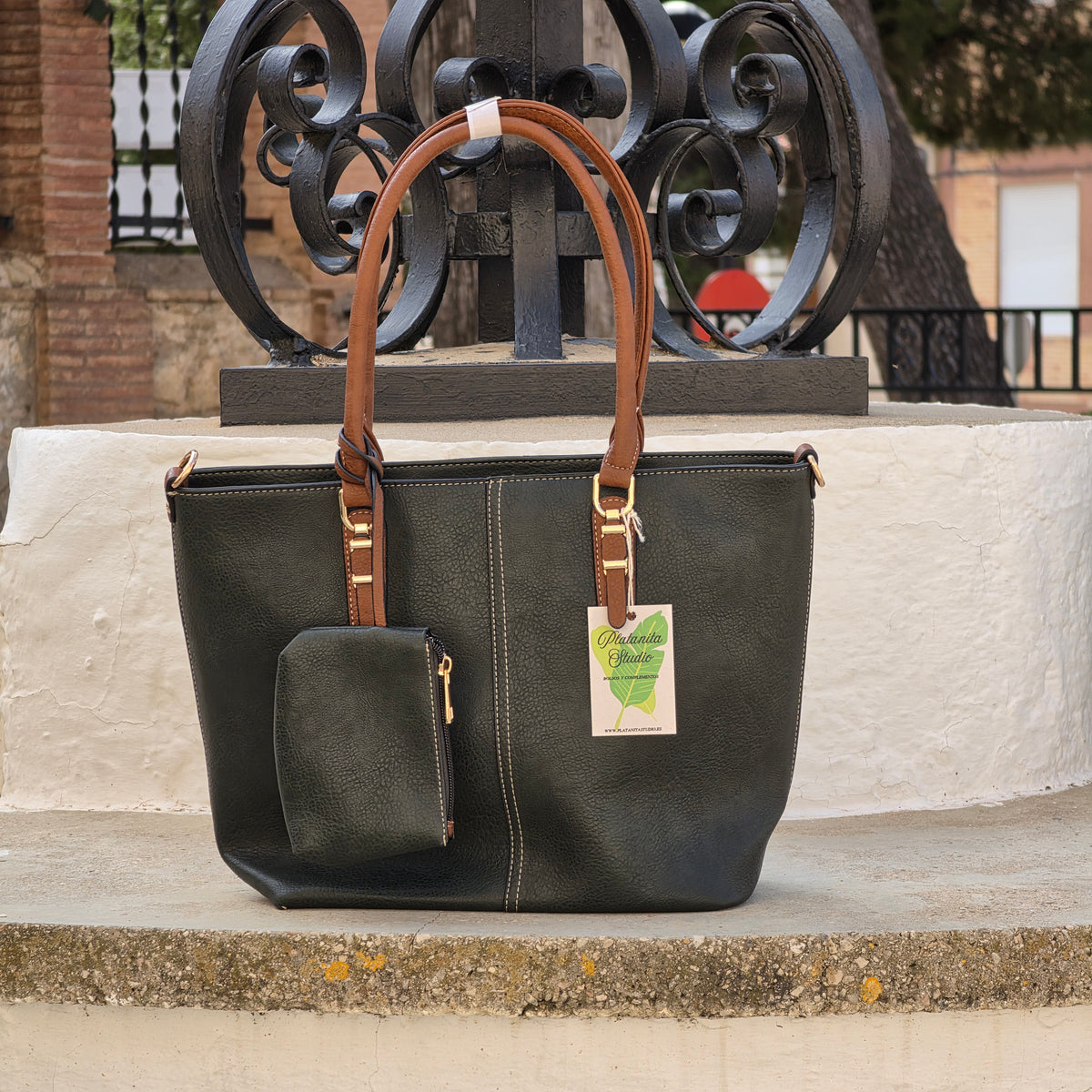 Bolso Tote verde oscuro con asa contrastada y monedero a juego