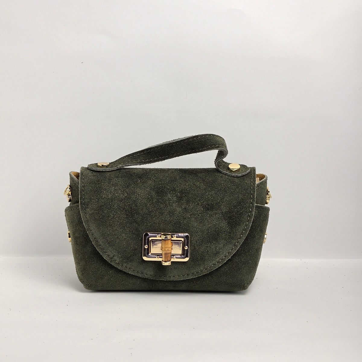 Mini bolso de mano en piel de ante verde oliva