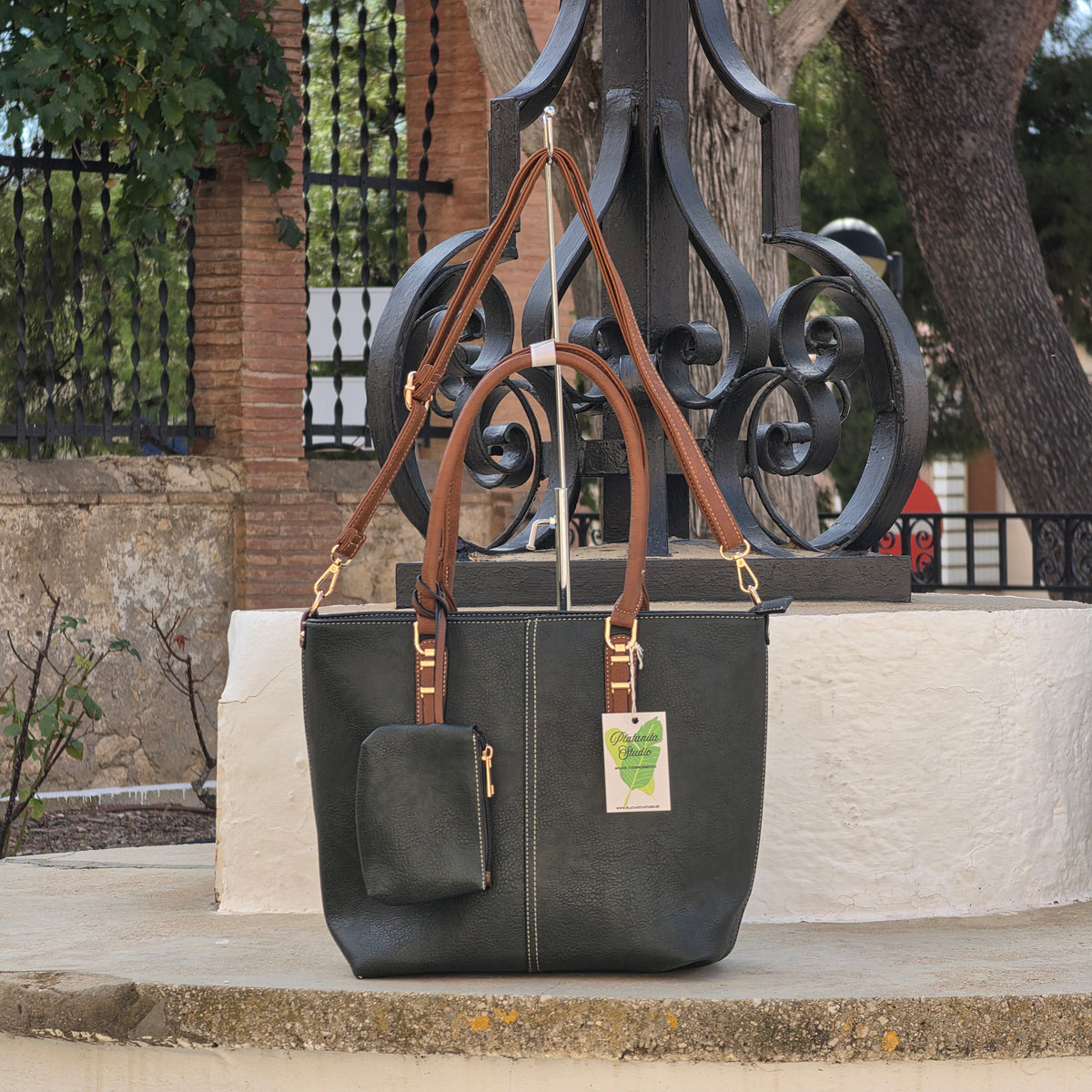 Bolso Tote verde oscuro con asa contrastada y monedero a juego